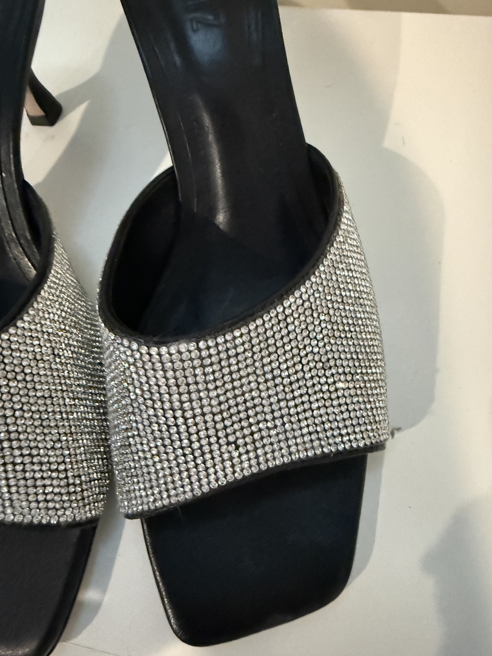 SCHUTZ Black Slide Heels with Silver Rhinestone Strap. Slip On Heels/backless.